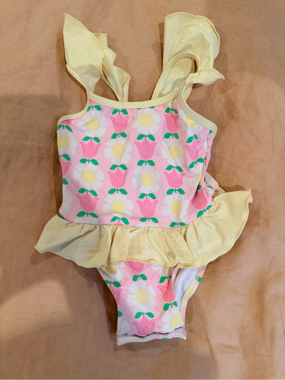 Girls' Pink Floral Ruffle One-Piece Swimsuit with Yellow Accents